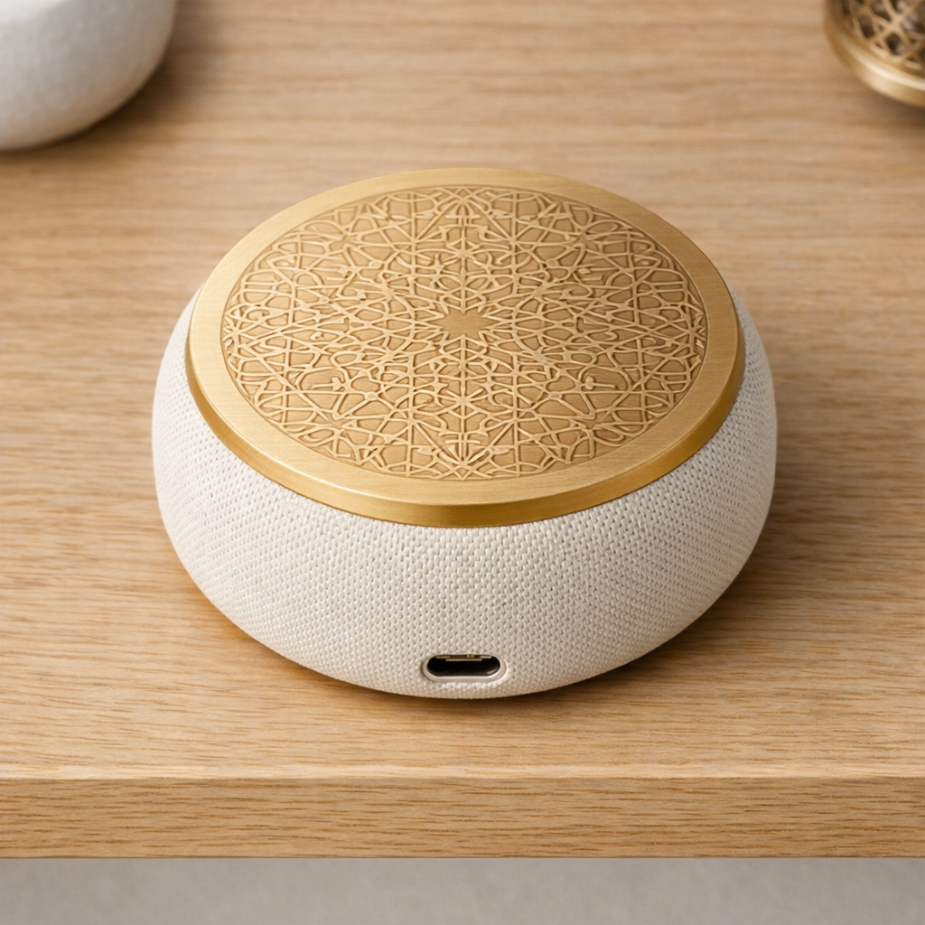 Mini Adhan adhan speaker top view showing laser-etched Islamic arabesque geometric pattern on gold aluminium cap - automatic prayer time call to prayer device